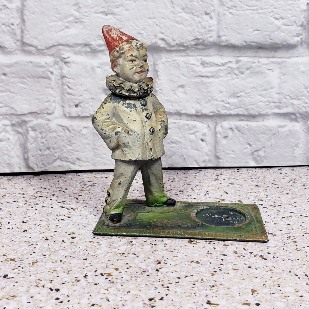 Antique Metal Spelter Pierrot Clown Nodder Figurine Cold Paint Coronet ...