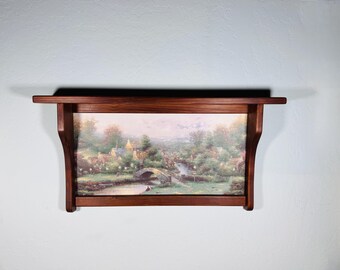 Rustic Pine Shelf with Kincade Style Village Print Inlay 25 Inch Wall Decor Grannycore