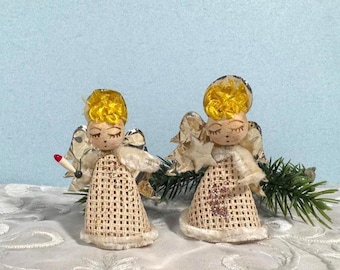 Vintage Pair of Chenille Pipe Cleaner Mini Angels – Foil Wings – Mid-Century Christmas Décor