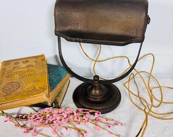 Antique Metal Desk Lamp – 1930s Patina Student Light with Cloth Cord & Bakelite Plug