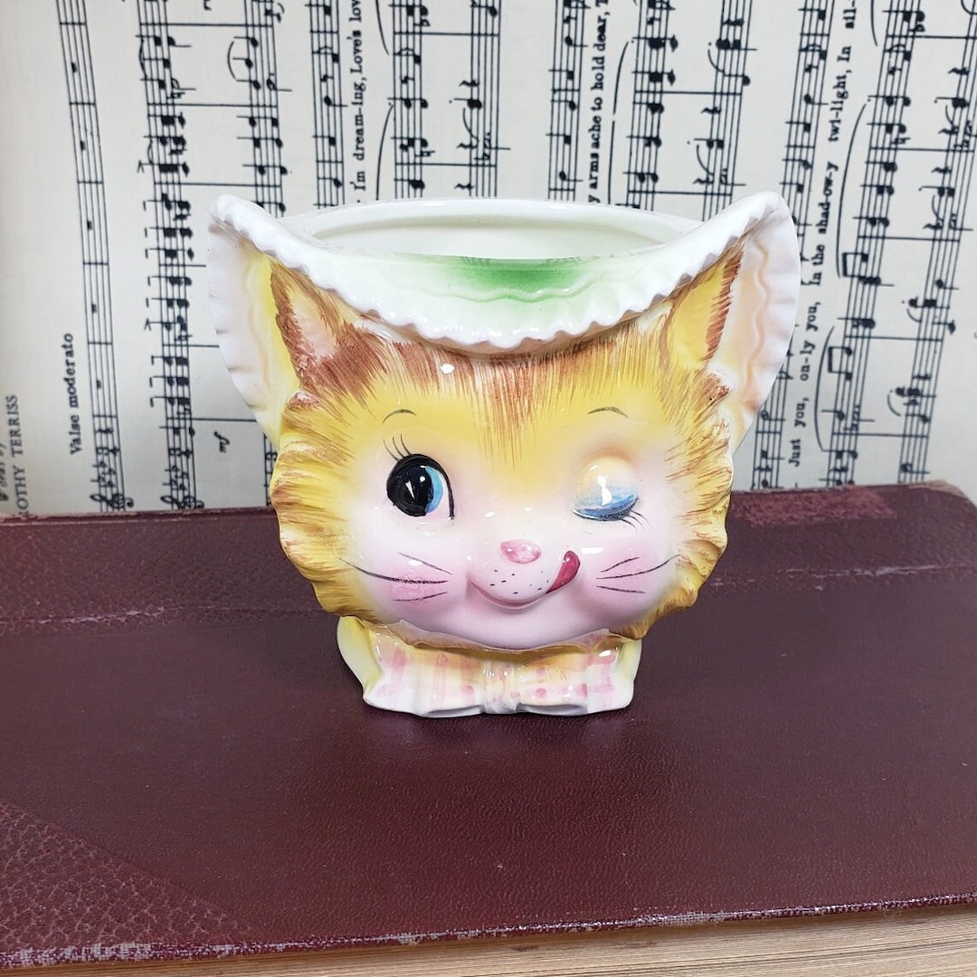 Vintage Enesco Yellow Winking Kitty Cat Sugar no Lid Replacement Piece
