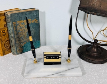 MCM Executive Marble Desk Set with Perpetual Calendar and Black Gold Ballpoint Pens Vintage