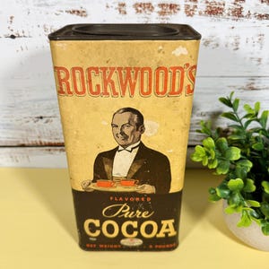 Lata vintage de cartón y etiqueta de papel de cacao puro Rockwood's de 2 libras - década de 1930 ¡con un poco de producto original!