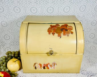 Vintage Harvest Gold Tin Bread Box- Roll‑Top Door, Mushroom Motif, Glass Knob, 1970s