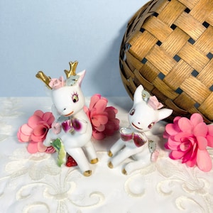 Vintage Kitschy Napco Japan White Porcelain Doe and Deer 50s Pink Rosettes & Gold Trim