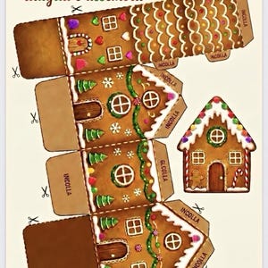 Peut inclure: Une feuille de bricolage de maison en pain d'épices avec le texte CASETTA DI PANDIZENZERO et ritaglia e assembla. Elle présente des panneaux marron avec du glaçage blanc, des bonbons colorés, des fenêtres et des portes avec des languettes INCOLLA.