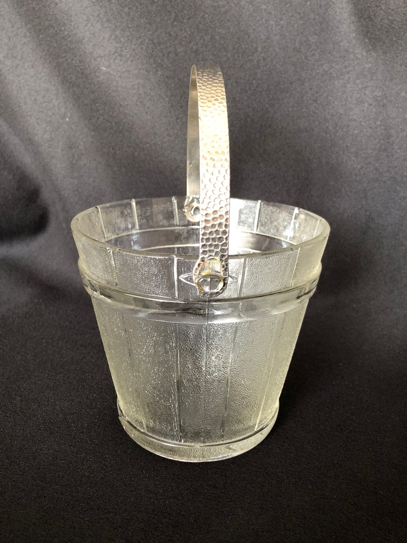 Glass Ice Bucket With Hammered Metal Handle Vintage Pressed Etsy