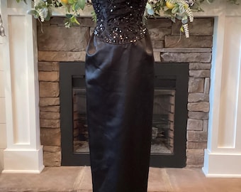 Vintage Formal Gown 1980’s Mike Benet Black Satin And Sequins Prom/ Pageant / Evening Gown Size XX- Small