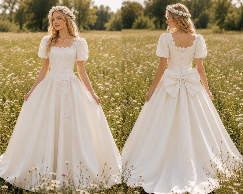 Op de afbeelding: Een witte trouwjurk met een vierkante halslijn, korte pofmouwen en een volle rok. De voorkant van de jurk heeft delicate kanten details, terwijl de achterkant een grote strik heeft. De bruid draagt een bloemenkrans.