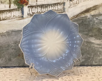 May include: A light blue ceramic plate with a flower design. The plate has a white center and a blue rim. The plate is on a white lace tablecloth.