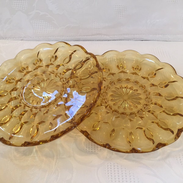 Vintage Anchor Hocking FAIRFIELD Amber Gold Saucers Set Of 2 Honey Gold Glass Plates