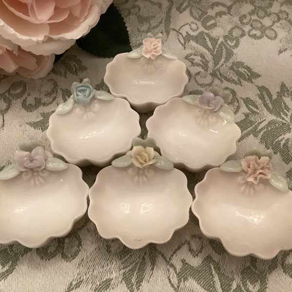 Vintage ARDALT Japan Salt Cellars Or Nut Cups Bone China Tiny Floral Set Of 6 Individual Salts