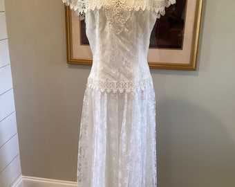 Vintage 1980’s Scott McClintock Ivory Lace Dress Destination Wedding Art Deco Style Dress Size Medium