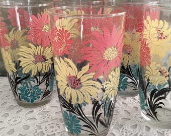 Vintage Hazel Atlas Glassware MCM Tumblers Chrysanthemum Flowers Retro Colors