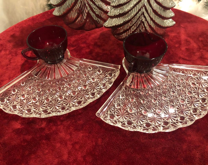 Vintage Clear Glass Snack Plates Anchor Hocking Fan Shaped Daisy and Button Plates Royal Ruby