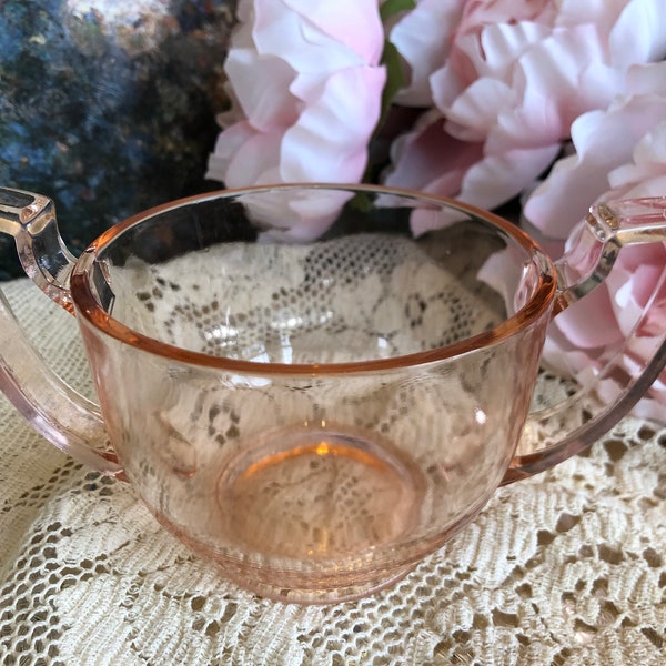 Vintage Pink Depression Glass Open Sugar Bowl "Marie" By Paden City Double Handle