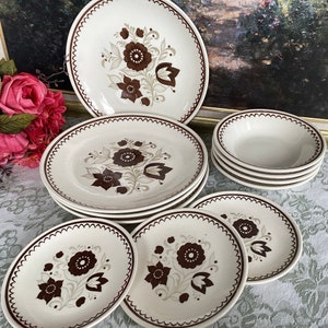 Vintage Royal China Jeanette Nutmeg Ironstone Dinner Ware Set Ovenproof Microwave Oven Approved 11 Piece Set