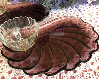 Vintage Hazel Atlas Amethyst Snack Set: Colonial Swirl Plates & Clear Cups