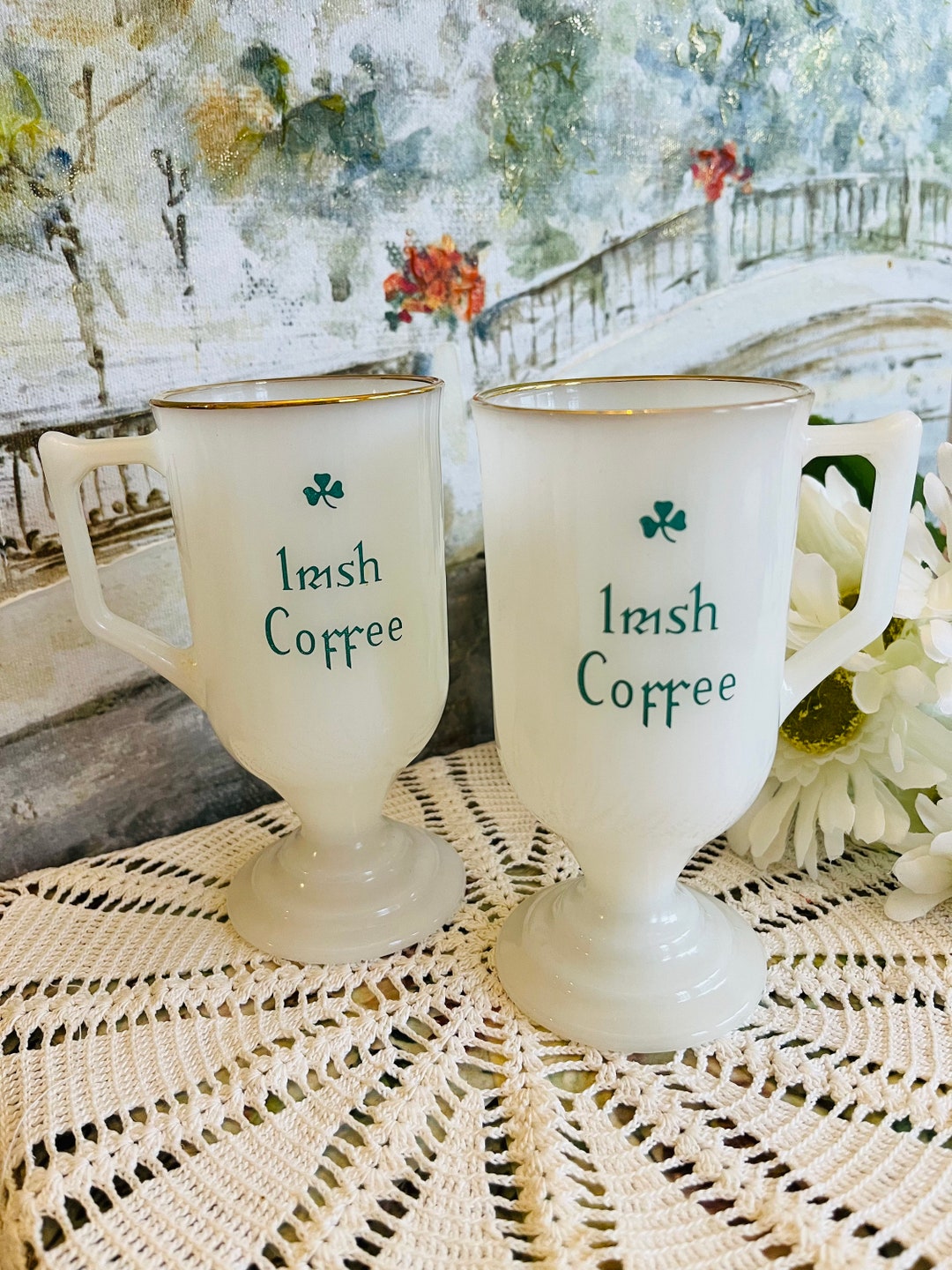 Vintage Milk Glass Irish Coffee Mugs Set of 2 Pedestal Shamrock Mugs Etsy