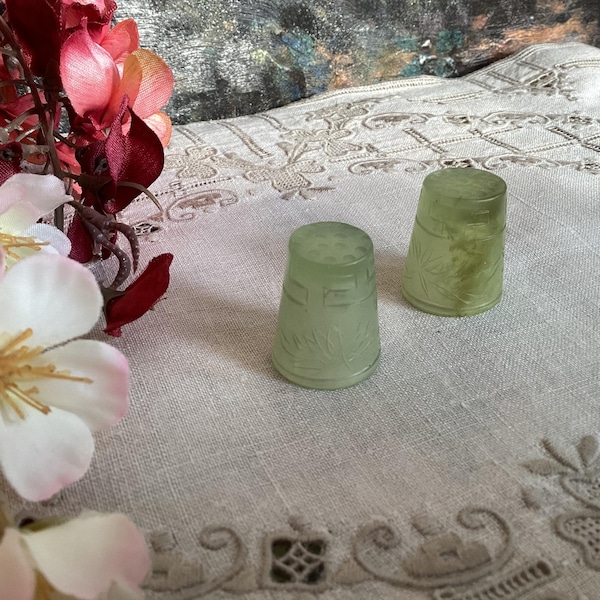 Vintage Jade Sewing Thimbles Carved Motif  Pair