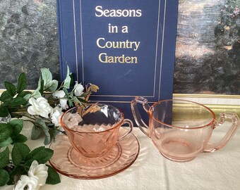 Pink Depression Glass Tea Cup And Saucer And Open Sugar Bowl