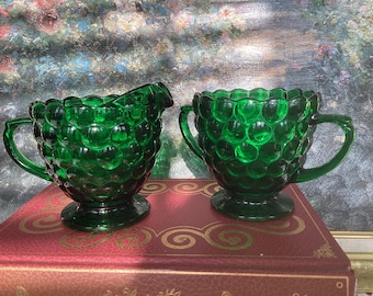 Vintage Emerald Green Bubble Glass Creamer & Open Sugar Bowl Anchor Hocking Glassware