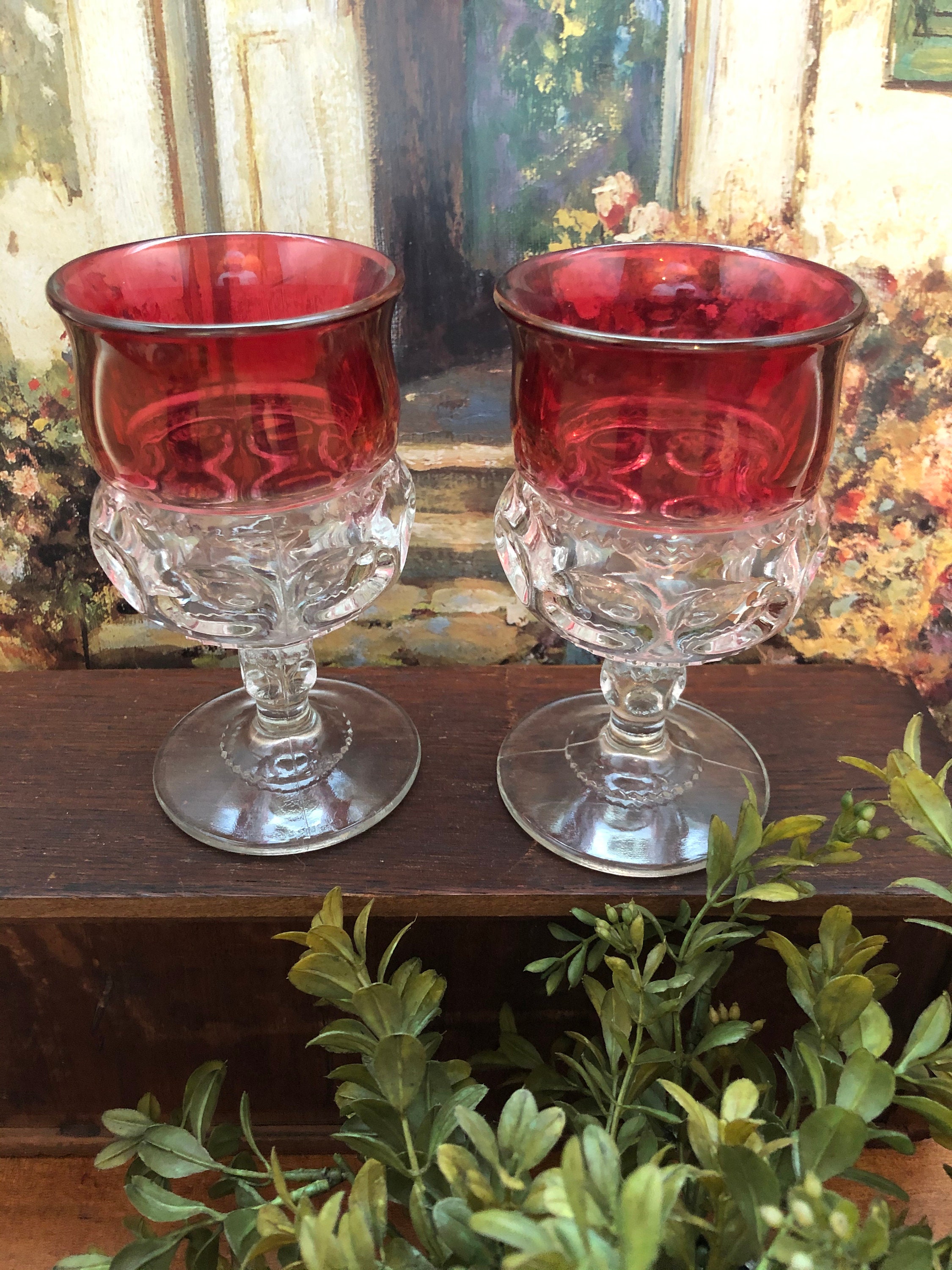 Set of 2 Large Vintage Clear Red Hand Blown Drinking Glasses, High