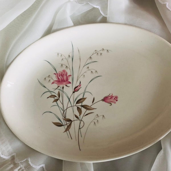 Vintage Blushing Rose Oval Platter Mount Clemens Pottery 11" Serving Plate MTC78