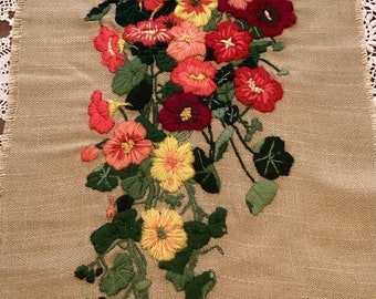 Vintage Unframed Crewel Fabric Art / 1970’s Crewel Craft / Home Decor Wall Art / Floral Nasturtiums 12”x19”
