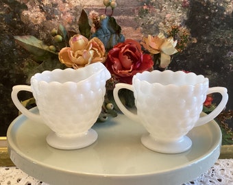 Vintage Anchor Hocking Milk Glass Bubble Pattern Creamer And Sugar Bowl Set