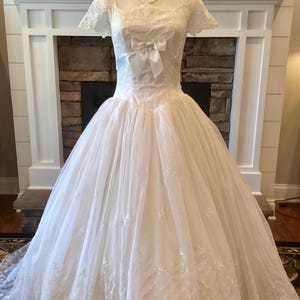 Vintage 1950's Princess Ballgown Wedding Gown Debutante Cotillion Formal White Dress XX SMALL