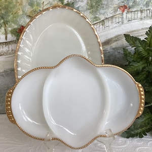 Vintage Fire King Anchor Hocking White Milk Glass With Gold EdgeChoice Of Divided Relish Dish Or Swirl Platter