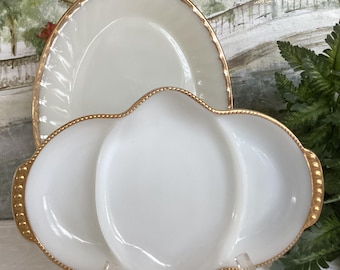 Vintage Fire King Anchor Hocking White Milk Glass With Gold EdgeChoice Of Divided Relish Dish Or Swirl Platter