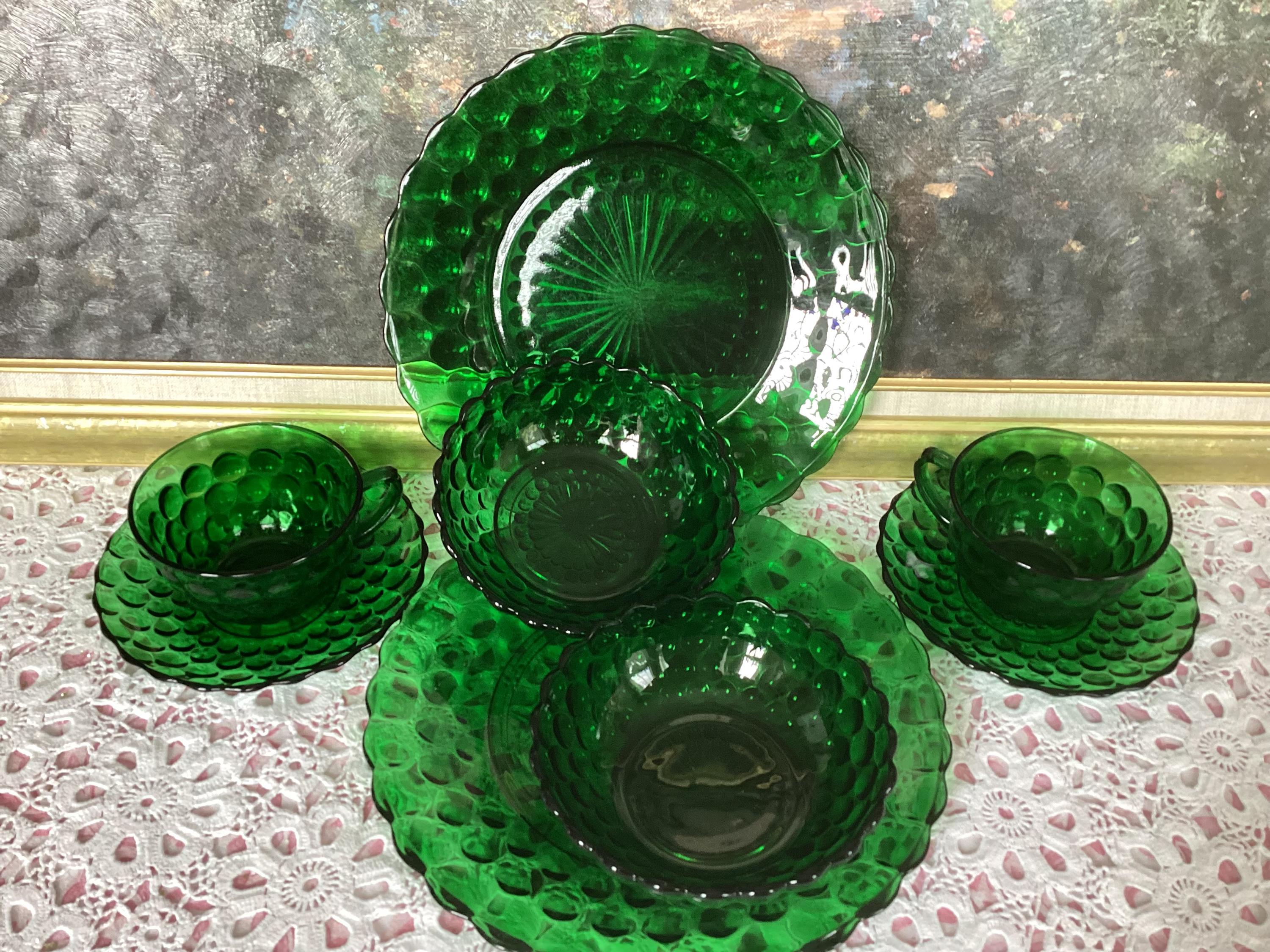 Vintage Green Glass Dinnerware Set - Etsy