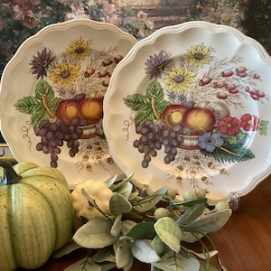 May include: Two white ceramic plates with a scalloped edge, featuring a colorful floral and fruit design. The plates have a cream background with a central image of grapes, apples, and sunflowers.