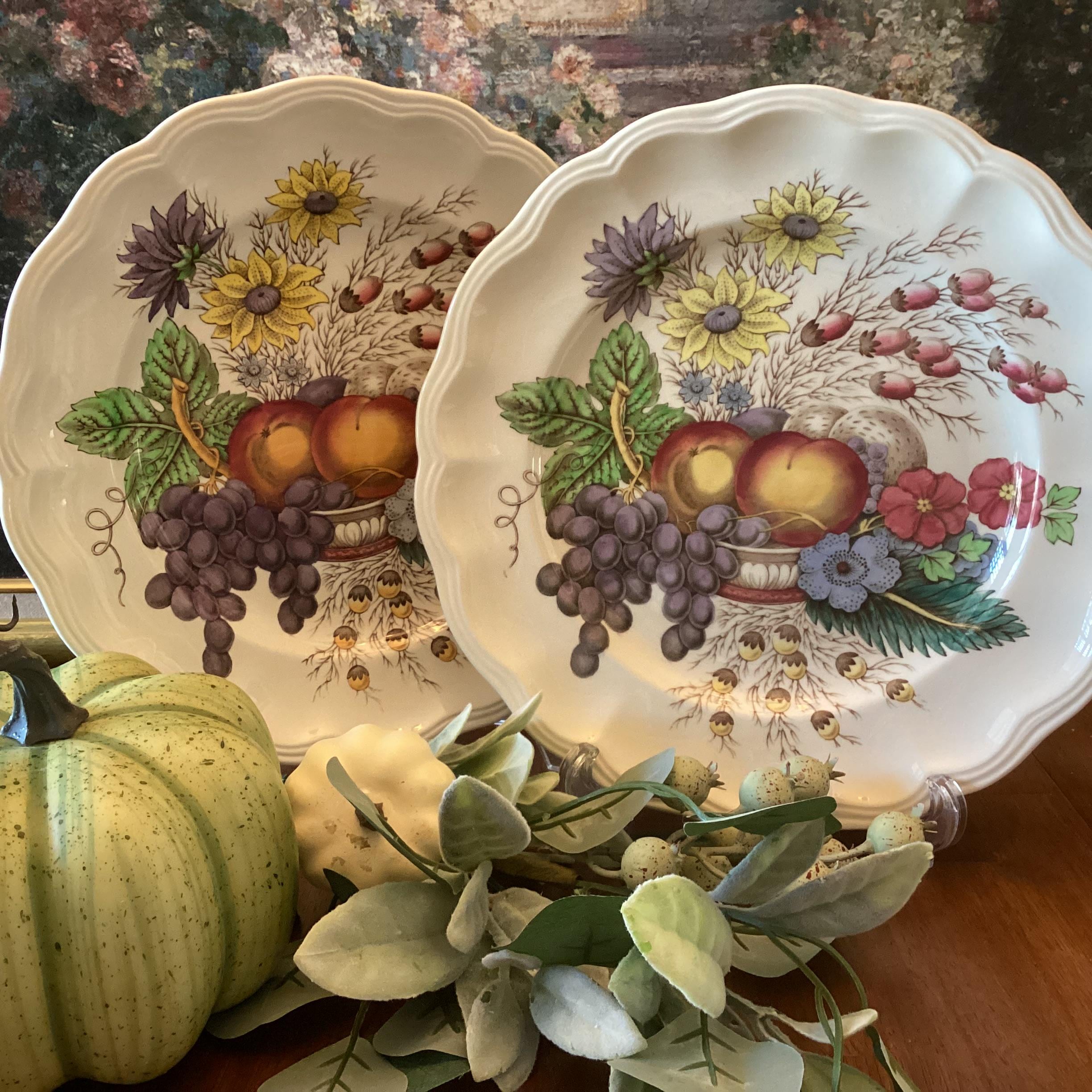 Spode Copeland “Reynolds” England Set Of 2 Dinner Plates English Multicolored Transfer Ware Autumn Fruit Botanical