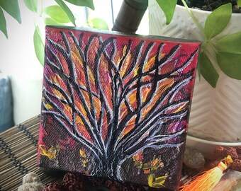 Mini Flames Tree Painting, 4x4 Canvas Block Art