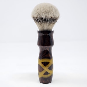 592 - &#39;Wonky Celtic&#39; Long Handled Shaving Brush made from Cocobollo wood with yellow inlays