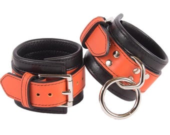 Wrist Cuffs Orange and Black Leather Handcuffs (LB313OR)