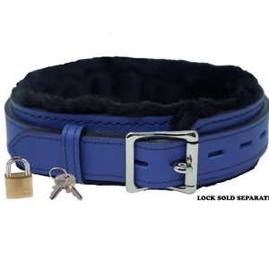 May include: Blue leather collar with black fur lining and a silver buckle. It comes with a brass padlock and two keys. "Lock sold separately" is printed on the image.