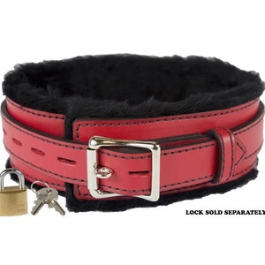 Locking Collar 2&quot; Wide Red Leather with Black Faux Fur Lining