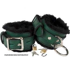 Locking Wrist Cuffs Dark Green Leather with Black Faux Fur Lining (LBSV501WGN)