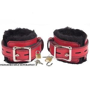 Locking Wrist Cuffs Red Leather with Black Faux Fur Lining (LBSV501WRD)