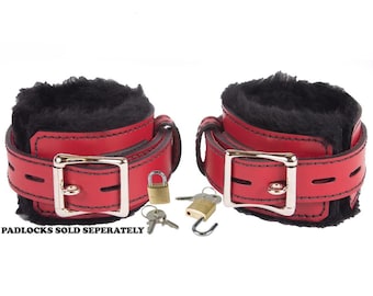 Locking Wrist Cuffs Red Leather with Black Faux Fur Lining (LBSV501WRD)