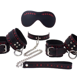 Bondage Kit Black Leather with Red Hearts, Valentine&#39;s Blindfold Collar Leash Wrist and Ankle Cuffs
