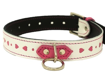 Valentines Leather Collar White with Hot Pink Inlaid Hearts