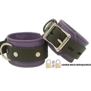 Locking Wrist Cuffs Purple and Black Leather Handcuffs (LBSL211W)