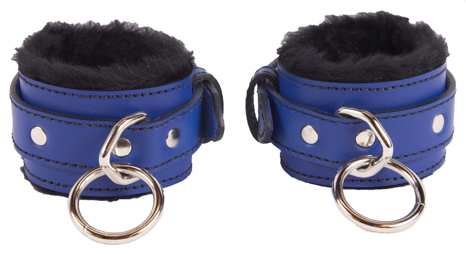 Locking Wrist Cuffs Blue Leather With Black Faux Fur Lining