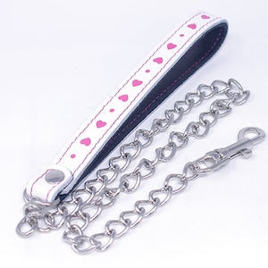 Valentines Leather Leash 24&quot; Leather and Chain Leash White with Pink Hearts