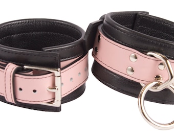 Ankle Cuffs Light Pink and Black Leather Restraints (LB314LPK)